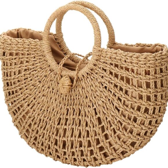 Beach Tote Bag Straw Handwoven Large Summer Rattan Clutch Purse - Picture 1 of 8